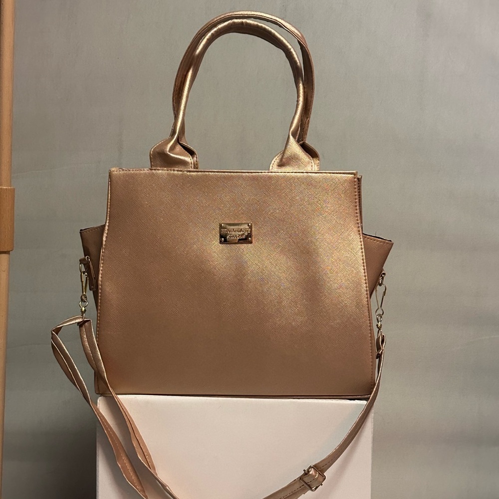 Tan and Gold Tote with Structured Design and Versatile Features